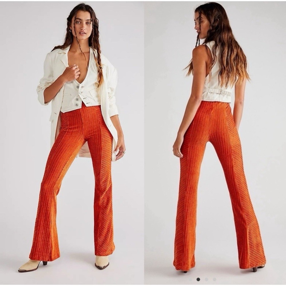 Free People Penny Pull-On Velvet Pants Size Small Orange High Rise Flare